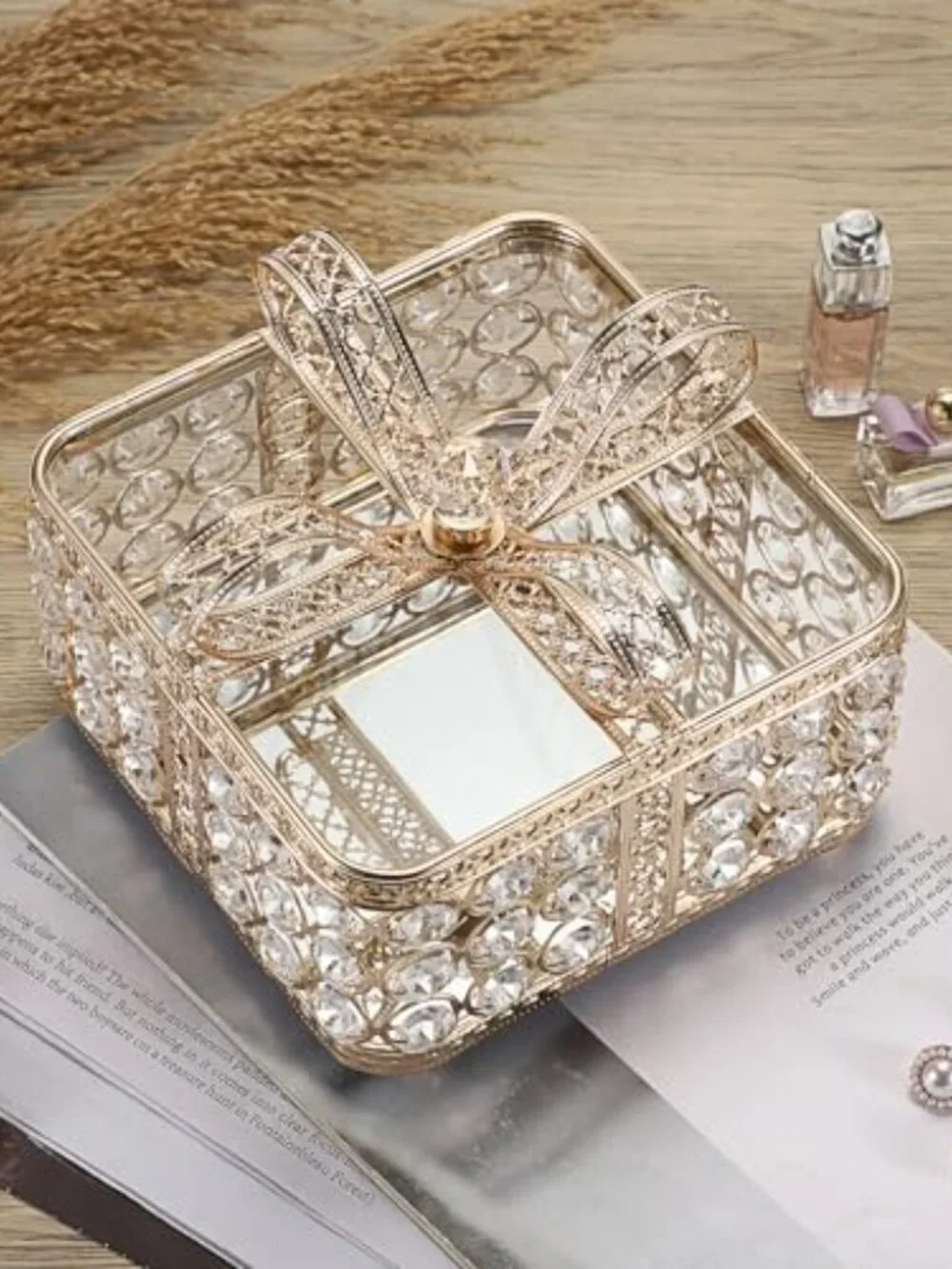 Crystal Mirrored Jewelry Box Gold Treasure Box Bow-knot Keepsake | Jewelry Trink